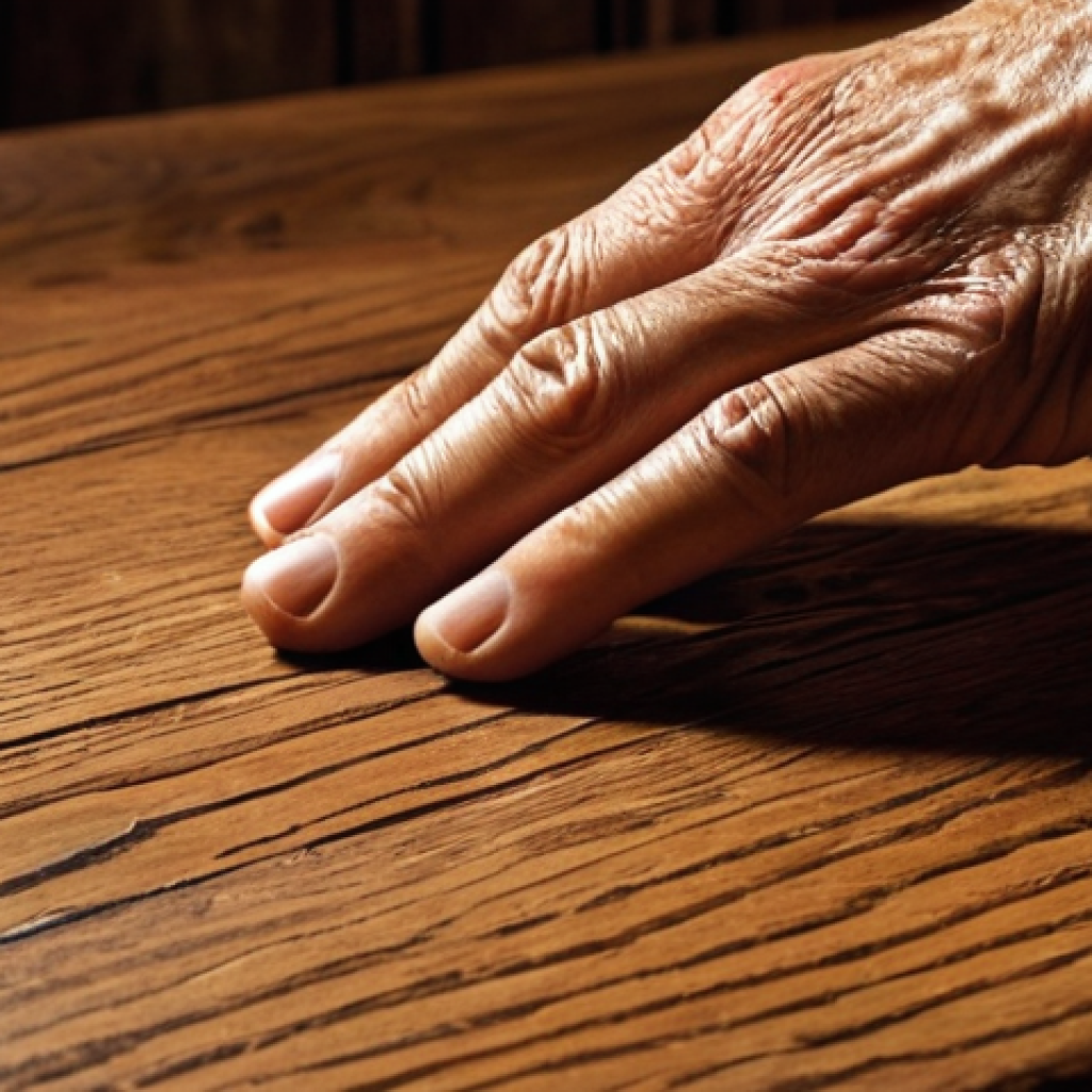 A close-up shot of an antique oak table surface, deeply nourished with wood oil. A hand gently touches the warm, natural, and matte-finished wood, highlighting its tactile texture and enhanced grain. Soft light illuminates the surface, conveying a sense of authenticity and the wood breathing.