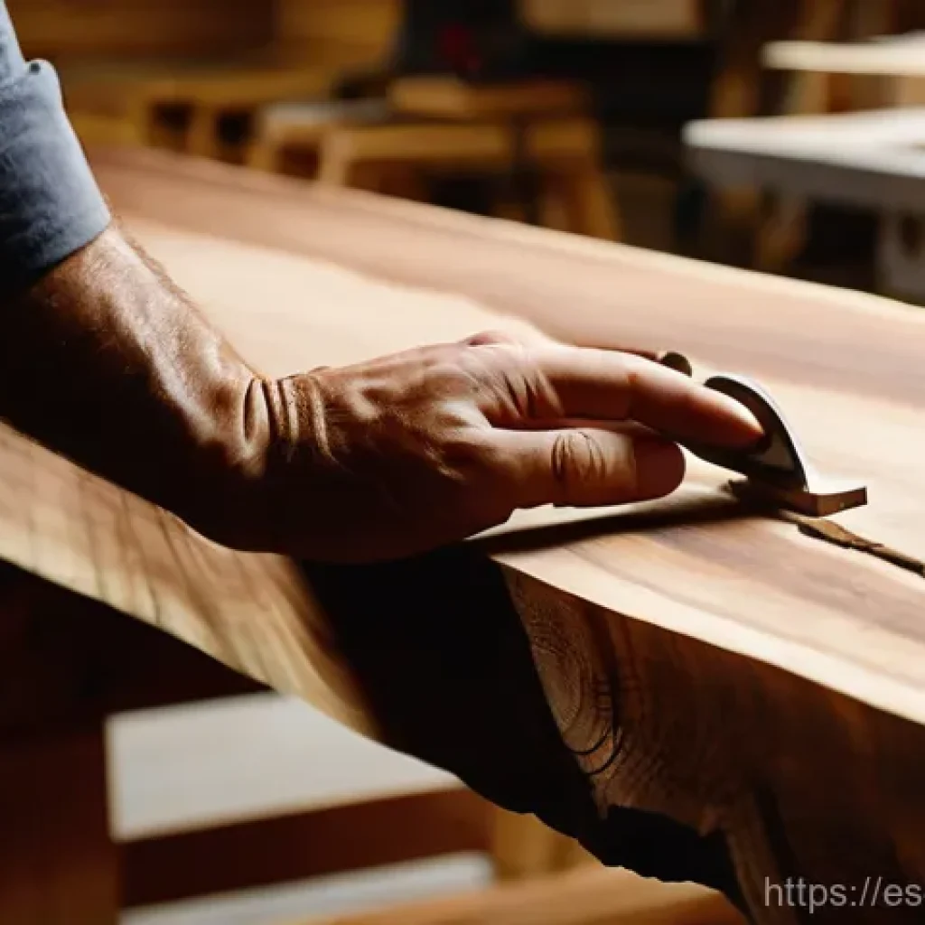 우드 슬랩 테이블 제작법 - **Prompt:** "A close-up, warm and inviting photograph of a skilled artisan's hands gently inspecting...