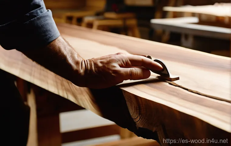 우드 슬랩 테이블 제작법 - **Prompt:** "A close-up, warm and inviting photograph of a skilled artisan's hands gently inspecting...