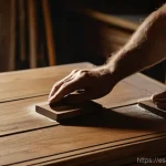 Home 6 원목과 합판 차이점 - **Prompt:** A close-up, high-angle shot of a skilled artisan's hands gently sanding the surface of a...