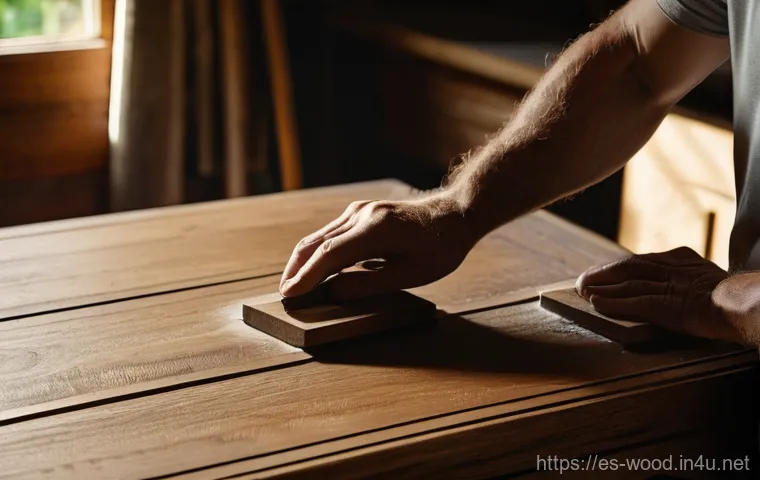 원목과 합판 차이점 - **Prompt:** A close-up, high-angle shot of a skilled artisan's hands gently sanding the surface of a...