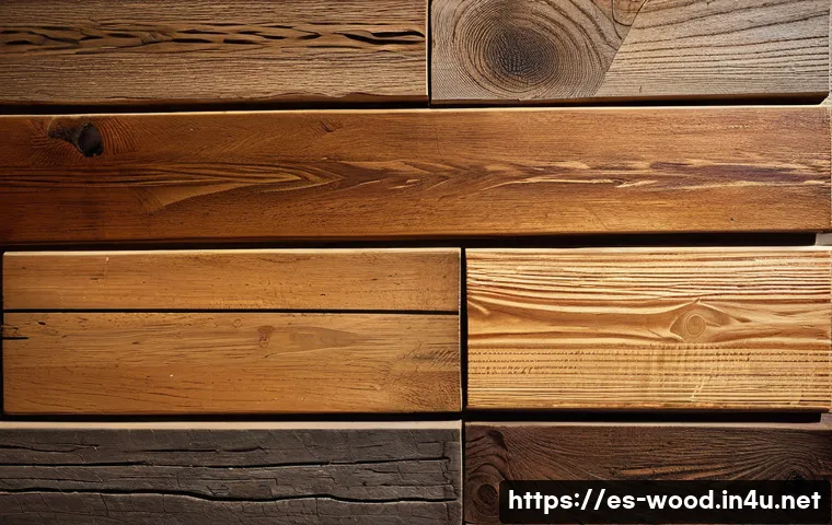 목재 가격 및 구매처 정보 - A detailed close-up image of various types of wood planks arranged side by side on a rustic wooden t...