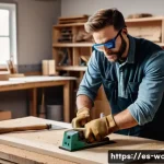 목공예 전문 서적 및 자료 - A detailed workshop scene focused on a beginner carpenter selecting essential basic tools, featuring...