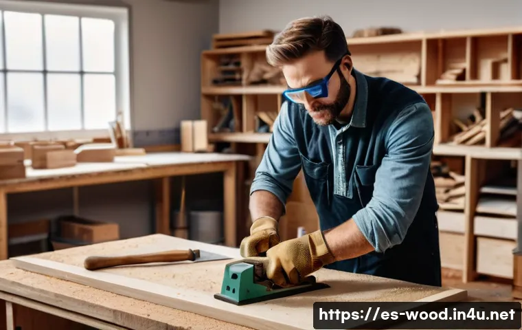 목공예 전문 서적 및 자료 - A detailed workshop scene focused on a beginner carpenter selecting essential basic tools, featuring...