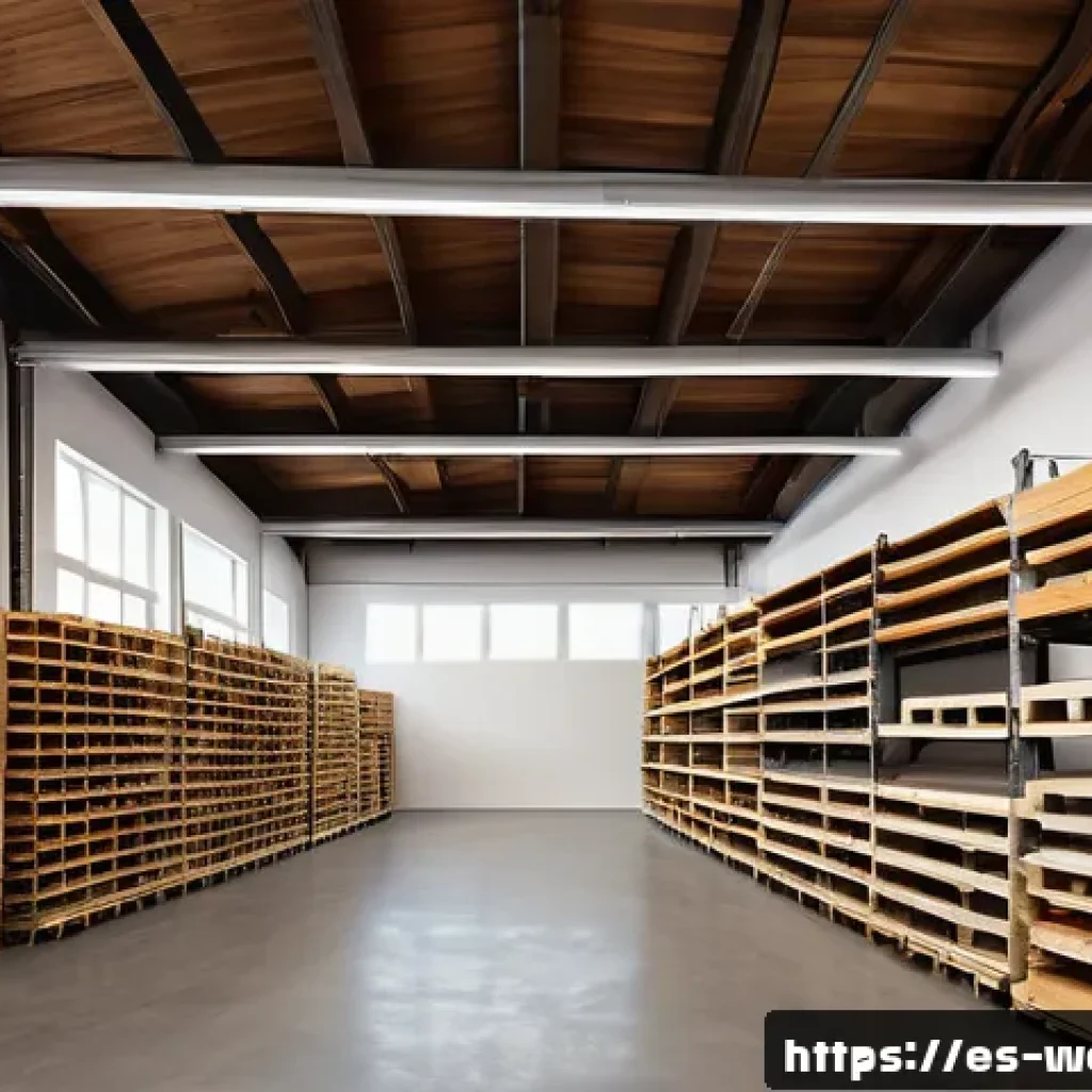 목재 보관법 및 창고 관리 - A spacious, well-organized wood storage room in a Spanish workshop, featuring adjustable metal shelv...