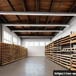 목재 보관법 및 창고 관리 - A spacious, well-organized wood storage room in a Spanish workshop, featuring adjustable metal shelv...