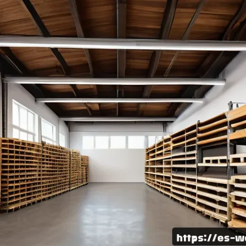 목재 보관법 및 창고 관리 - A spacious, well-organized wood storage room in a Spanish workshop, featuring adjustable metal shelv...