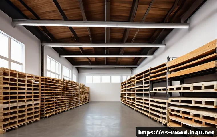 목재 보관법 및 창고 관리 - A spacious, well-organized wood storage room in a Spanish workshop, featuring adjustable metal shelv...