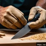우드 카빙 기초 배우기 - A detailed close-up scene of a woodcarver&rsquo;s hands wearing protective carving gloves, carefully using...