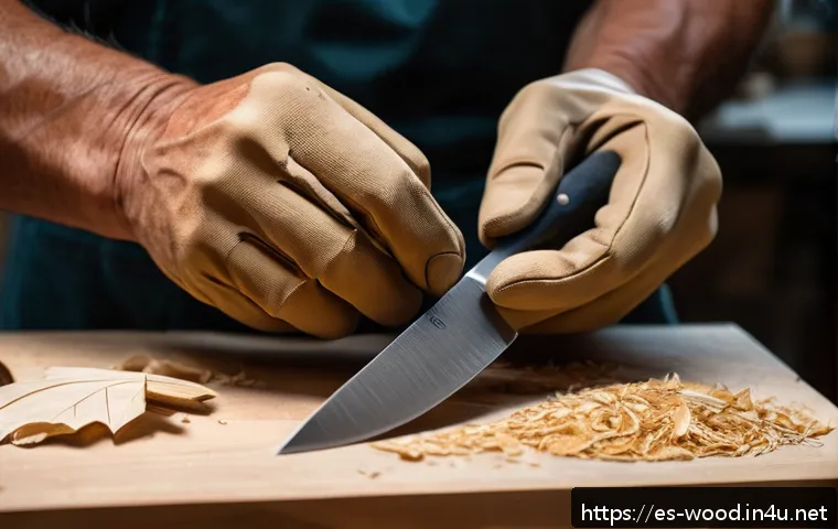 우드 카빙 기초 배우기 - A detailed close-up scene of a woodcarver&rsquo;s hands wearing protective carving gloves, carefully using...