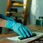 목재 페인팅 기법 - A close-up scene of a person sanding a wooden furniture piece indoors, using medium and fine-grit sa...