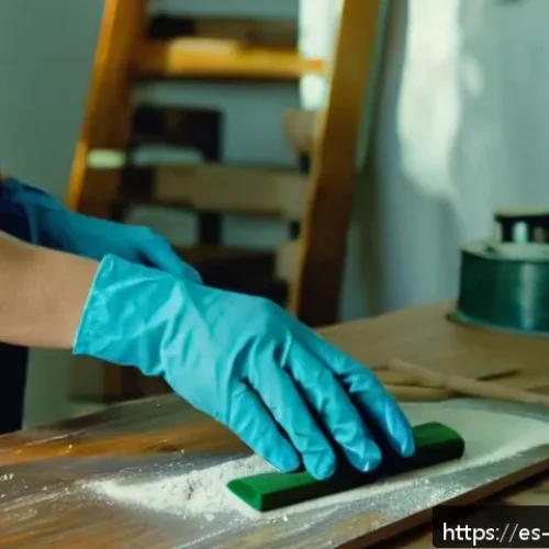 목재 페인팅 기법 - A close-up scene of a person sanding a wooden furniture piece indoors, using medium and fine-grit sa...