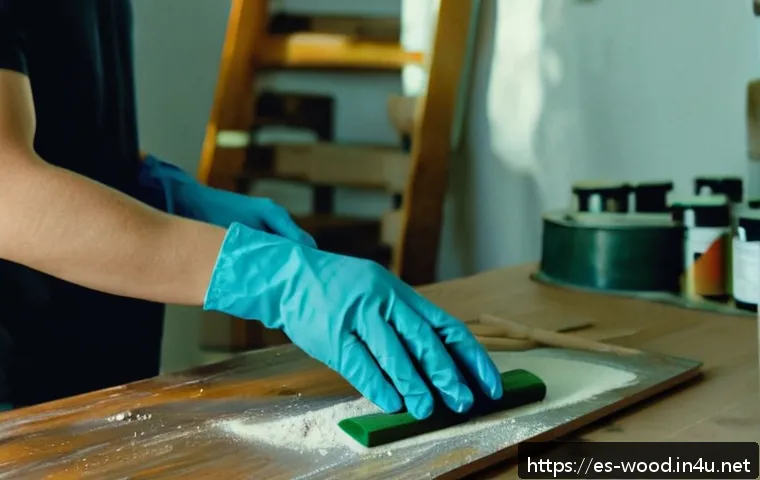 목재 페인팅 기법 - A close-up scene of a person sanding a wooden furniture piece indoors, using medium and fine-grit sa...