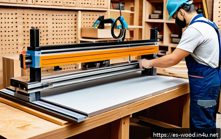 목공예 CNC 머신 활용법 - A modern woodworking workshop scene featuring a compact CNC machine cutting a smooth wooden panel, s...