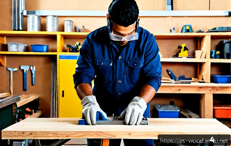 테이블쏘 안전 사용법 - Photorealistic workshop safety scene, a Hispanic adult woodworker in a clean Spanish-style home gara...