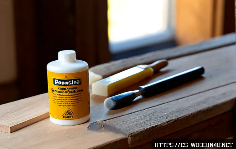 목공 접착제 종류와 사용법 - Photorealistic close-up of a Spanish home workshop workbench showing three unlabeled wood glue conta...