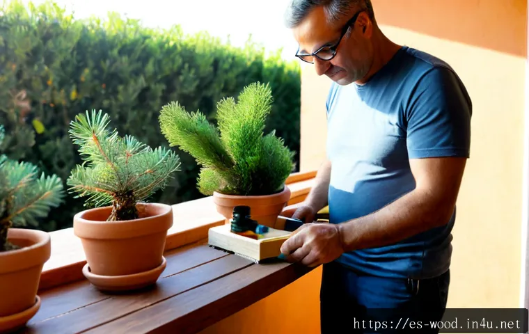 목재 활용 DIY 프로젝트 - Photorealistic home woodworking DIY scene in a bright Spanish-style apartment balcony, a middle-aged...